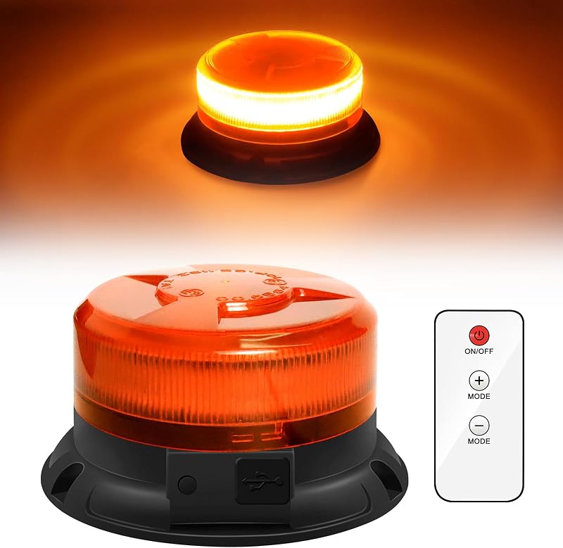 Dinfu Mágneses Forgó Figyelmeztető Lámpa 12V - Sárga LED Vészvillogó Távirányítóval, 9 Üzemmód, Autó/Teherautó/Traktor Kompatibilis, USB Töl