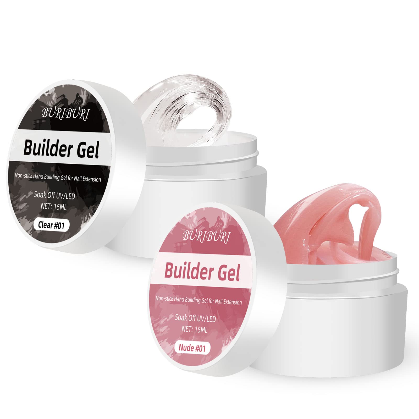 BURIBURINail Extension Builder Gel,Nail Extension Builder Gel,Solid Nail Glue Gel,No-Sticky Hand Building Gel Modeling Sculpture Gel Nail Art DIY for Home Nail Salon Nail Art (Transparent+Nude Color)