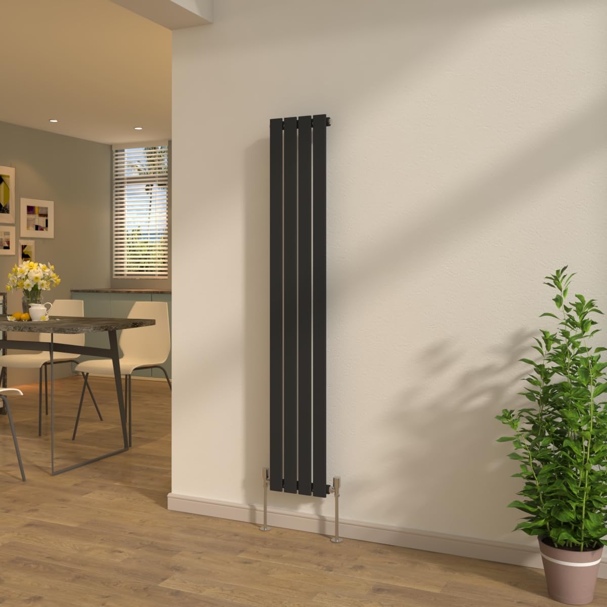 NRG 1600x272mm Flat Panel Single Column Designer Radiator Vertical Black Central Heating Rads + Free Angled Valves