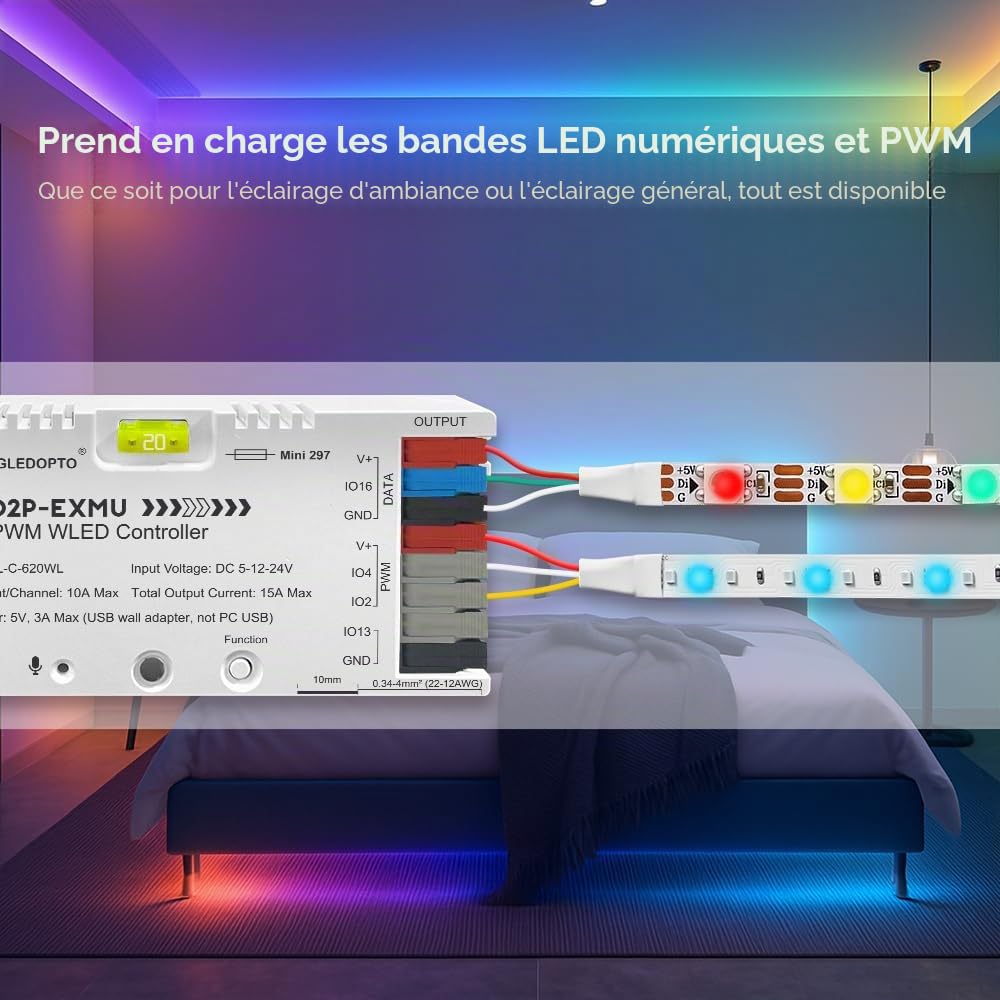 GLEDOPTO Contrôleur LED WLED 2-en-1, 15A Sortie Adressable + PWM CCT, Compatible WS2812B/SK6812, pour Bande LED RGB et Blanc Réglable, WiFi/Ethernet, Application