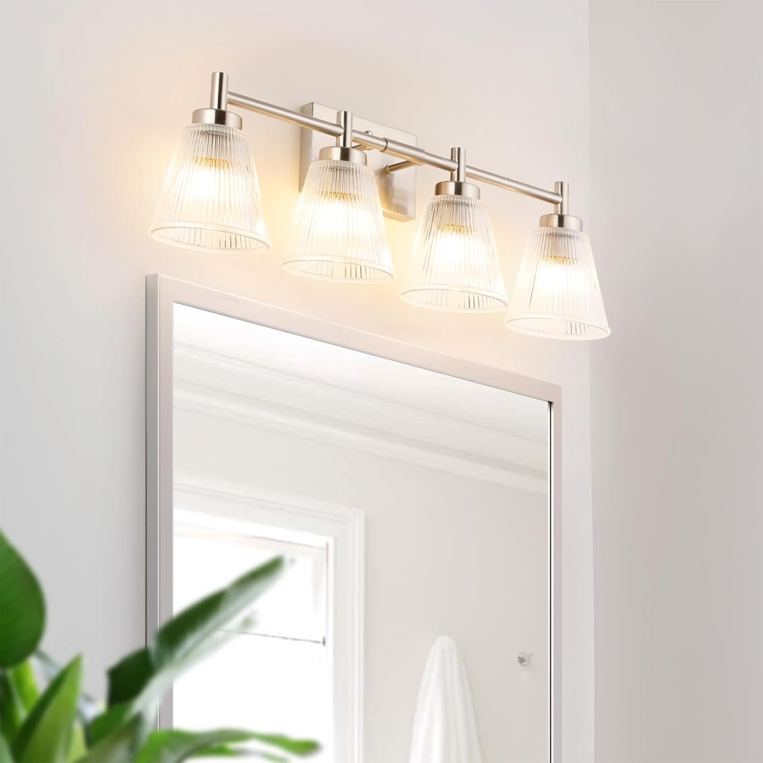 OCIOC 4-Light Vanity light fixtures, Brushed Nickel Vanity lights over mirror makeup light wall sconces with clear Striped glass shade, Bathroom lighting fixtures for Living room, Bedroom, Kitchen