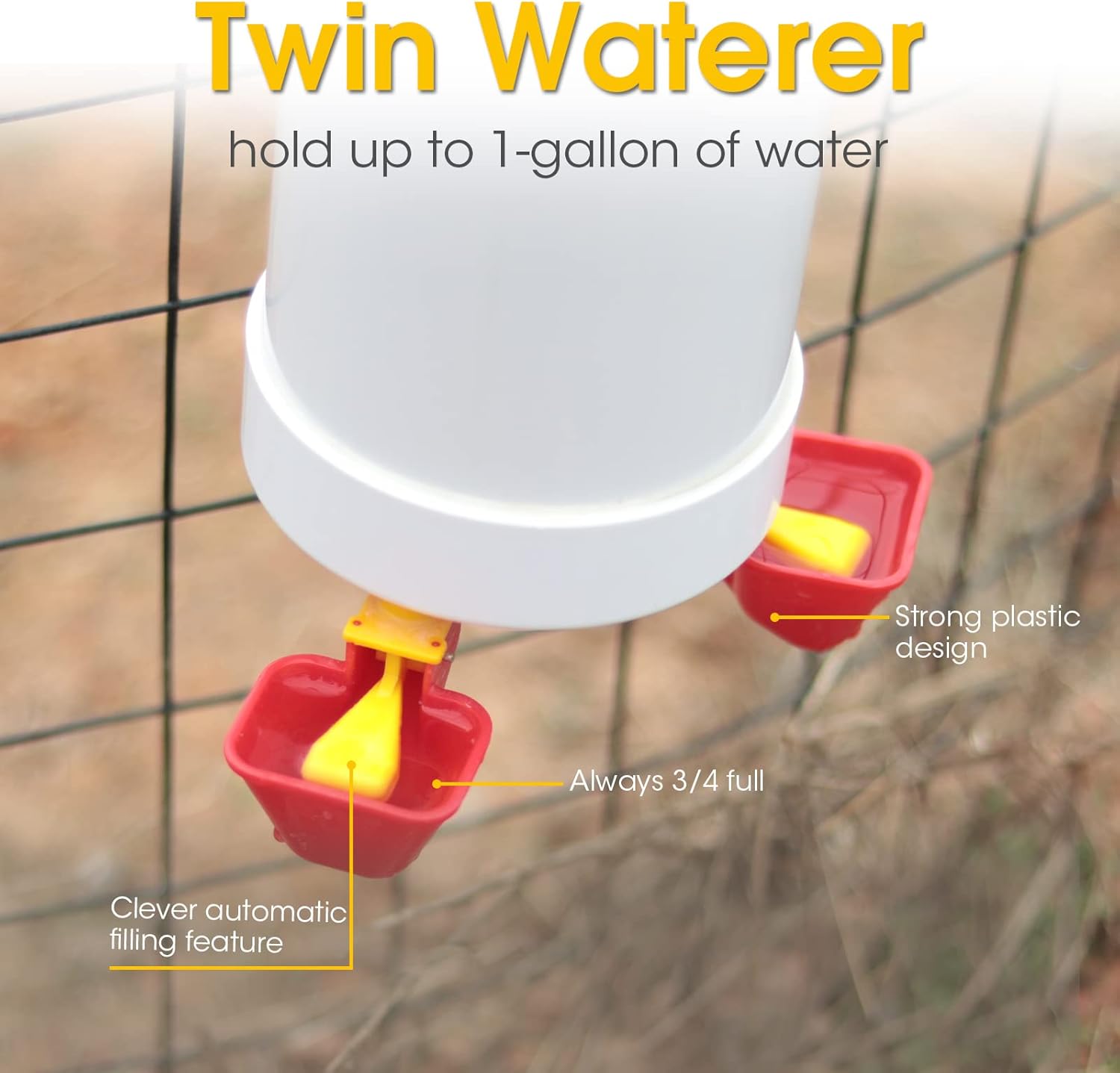 VOSON 1 Gallon Hanging Chicken Waterer with Two Automatic-Fill Water Cups - No Waste Poultry Water Dispenser for Coop (White)