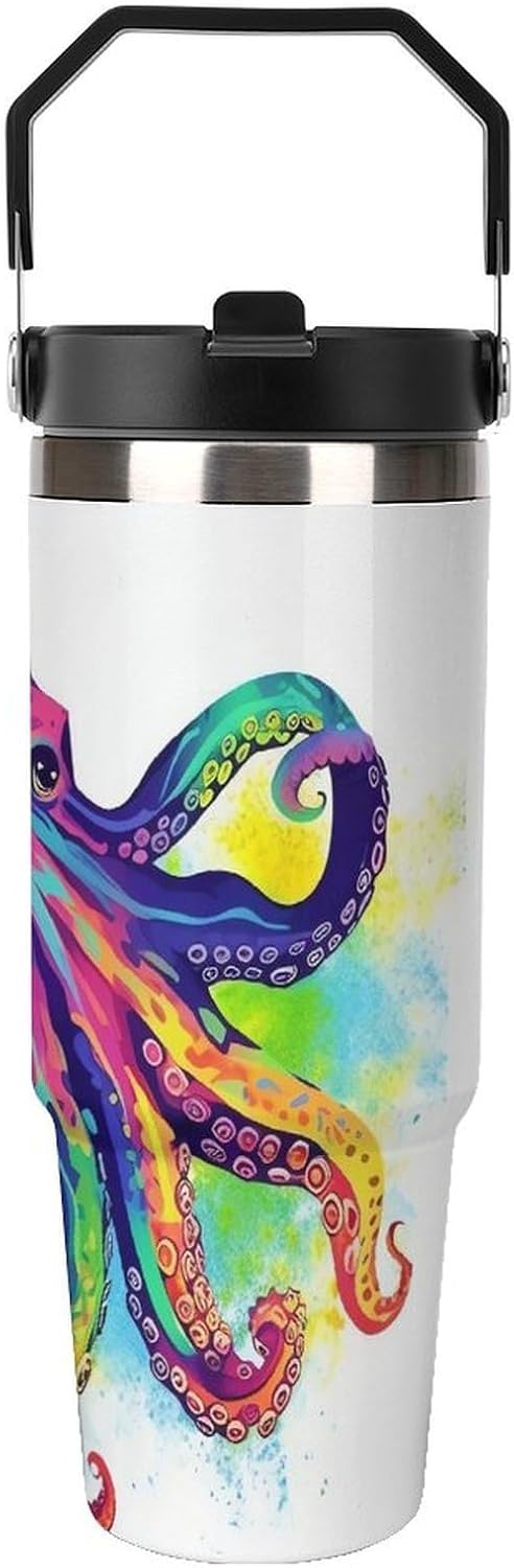 30oz Insulated Tumblers with Top Handle, Stainless Steel Colorful Octopus Car Cup with Straw for Gift, Leak-Proof Double Wall Vacuum Travel Mug, Personalized Water Bottles Black