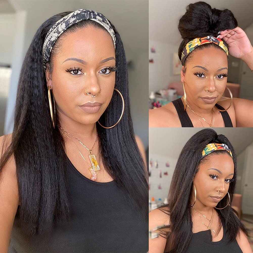 Perücke Mit Stirnband Headband Wigs for Black Women Kinky Straight Headband Wig Human Hair Wigs Brazilian Virgin Hair Glueless Wig Wear and Go Headband Wig 180% Density Yaki Human Hair Wig 14 Inch