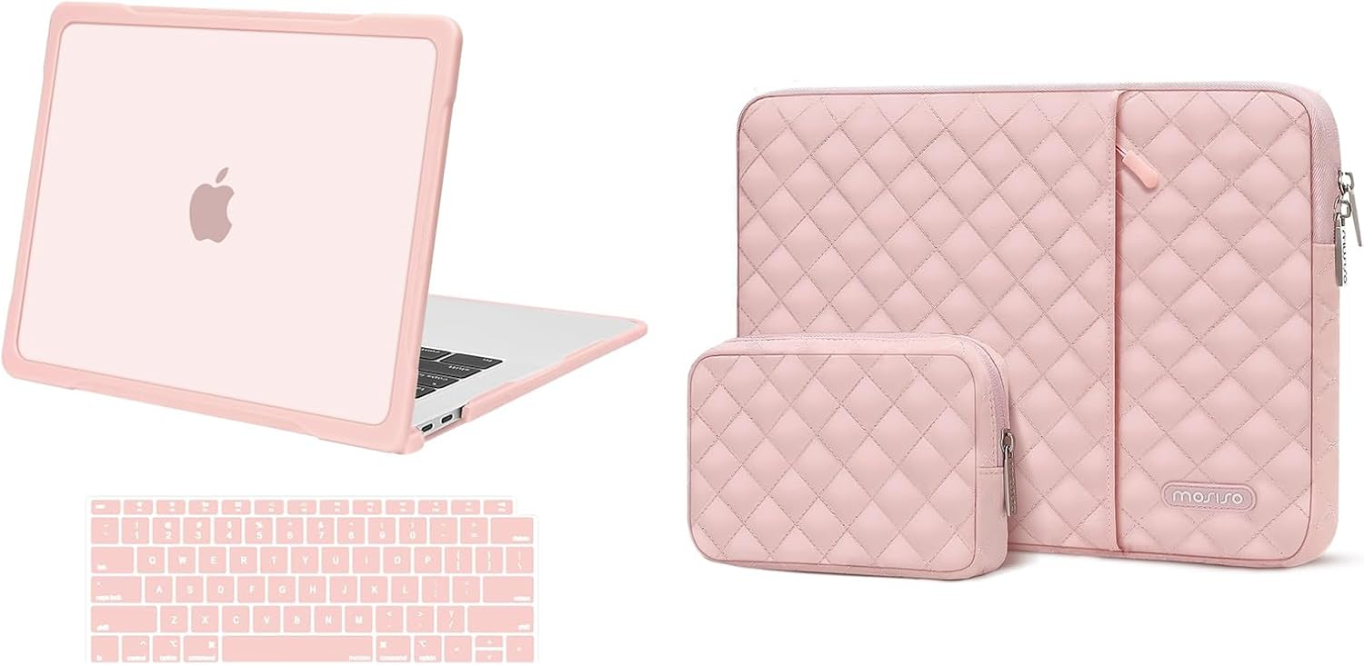 MOSISO Compatible with MacBook Air 13 inch Case 2022-2018 A2337 M1 A2179 A1932, Soft TPU Bumper Anti-Fingerprint Plastic Hard Case&Keyboard Cover for MacBook Air 13.3&Quilted Bag, Pink&Chalk Pink