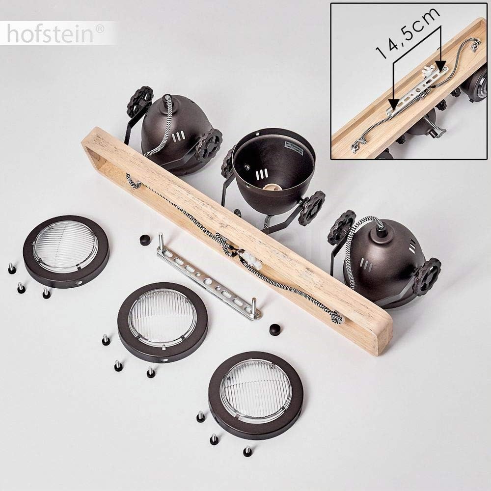 HOFSTEIN Deckenleuchte Herford, verstellbare Deckenlampe aus Metall/Holz/Glas in Natur/Braun/Klar, Leuchte im Industrial/Retro/Vinntage-Design, 3 x GU10, Esszimmmer, Schlafzimmer, Wohnzimmer, Küche
