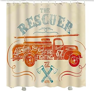 Fire Truck Shower Curtain Vintage Firefighting Label Shower Curtain with Hooks Bathroom Decorative Accessories 72 x 72 inch