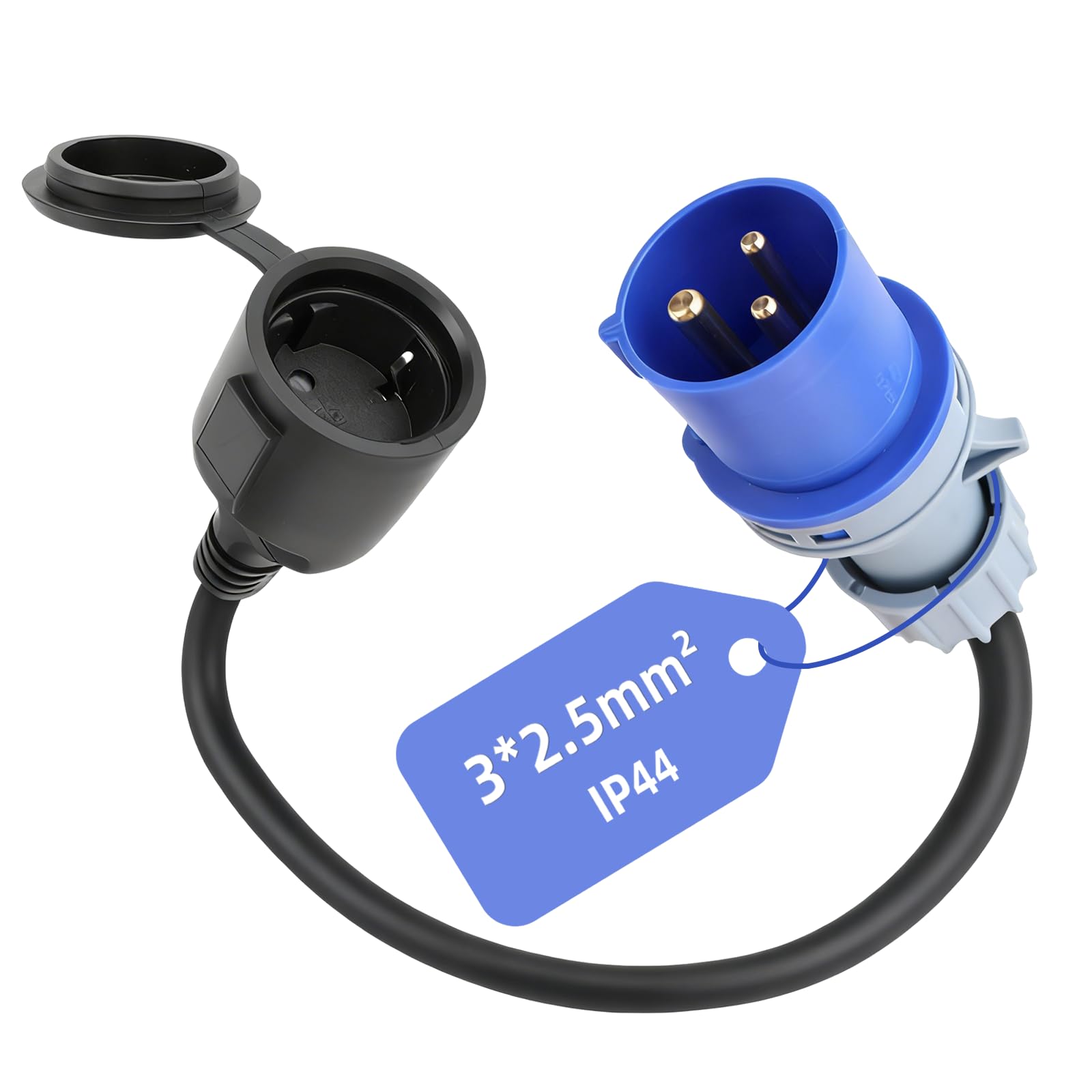 CHRI Adapter CEE wtyczka Schuko CEE kabel kempingowy adapter prądu IP44, 230 V, 16 A, 3-biegunowy, 3 x 2,5 mm², z pokrywą na zawiasach, niebieski