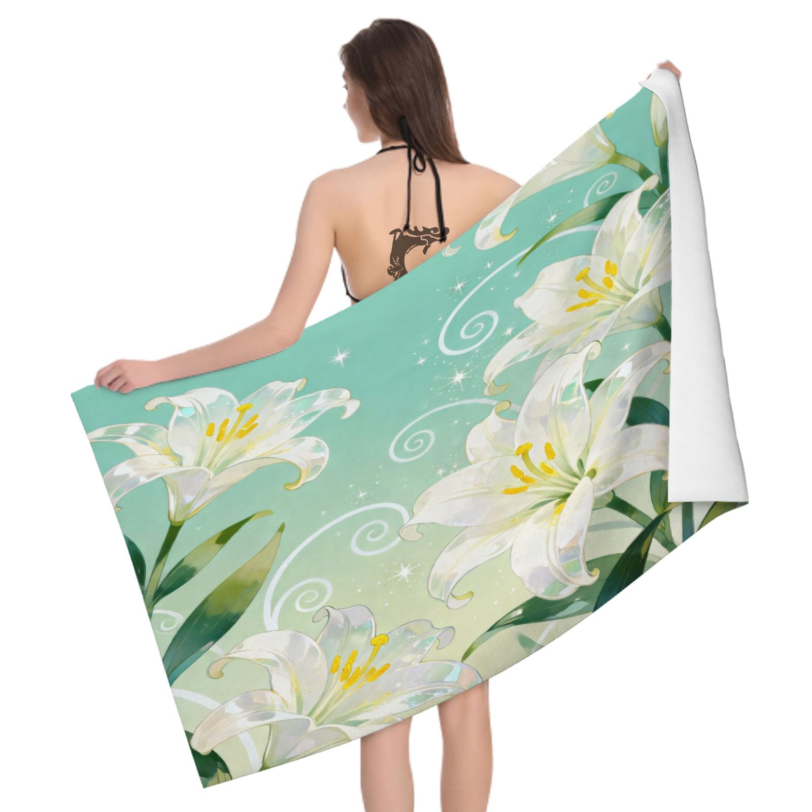 Leichong 3D Lily Beach Towel Microfiber Soft Quick Dry for Adults, Watercolor Flowers Bath Towel Lightweight Soft Absorbent for Travel Swimming Pool Sports, 75 x 150 cm