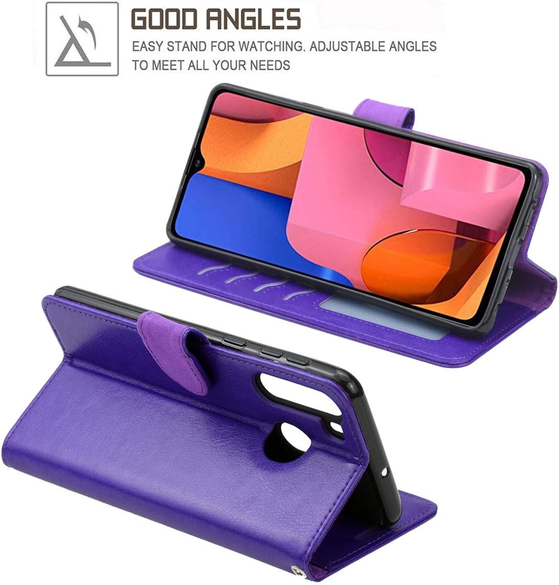 ERAGLOW for Galaxy A21 Case, PU Leather Wallet Case Flip Protective Phone Cover [Stand Feature] with Wrist Strap and [4-Slots] ID&Credit Cards Pocket for Samsung Galaxy A21 2020(Purple)