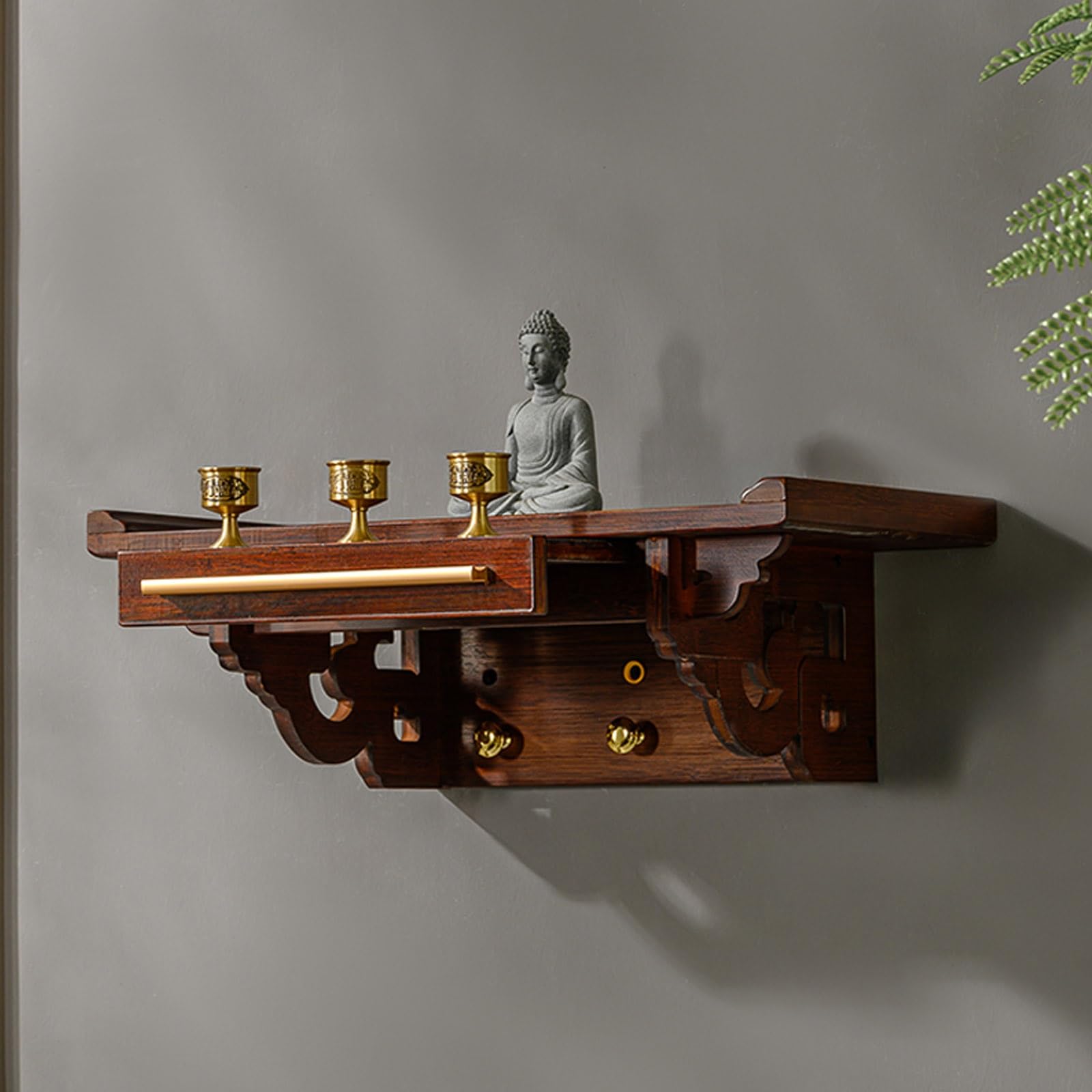 Stuijkvsz Wall Mounted Buddha Niche Altar,Wall Chinese Personal Niches Shrine Meditation Table,Wooden Buddhist Altars,Miniature Altar(40X25cm/15.7X9.8in)