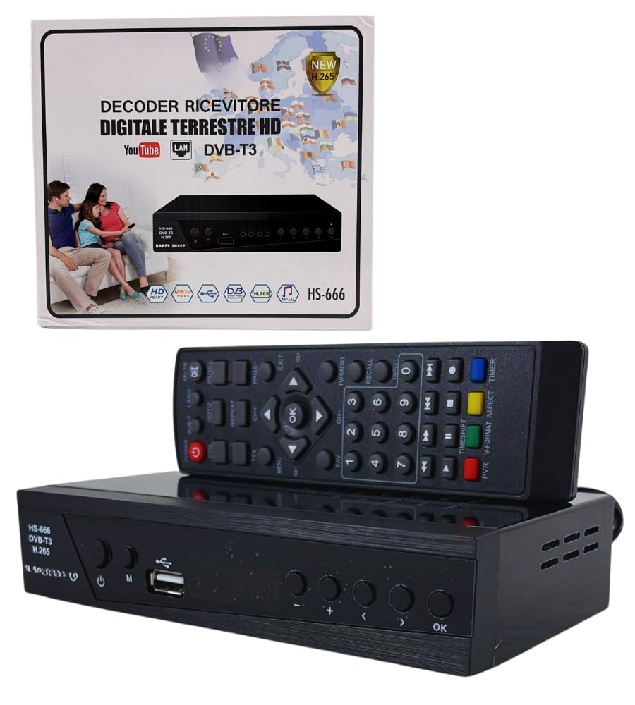 Decoder Digitale Terrestre DVBT-2 H.265-HEVC 10 Full HD HDMI/Scart USB LAN con Display Telecomando