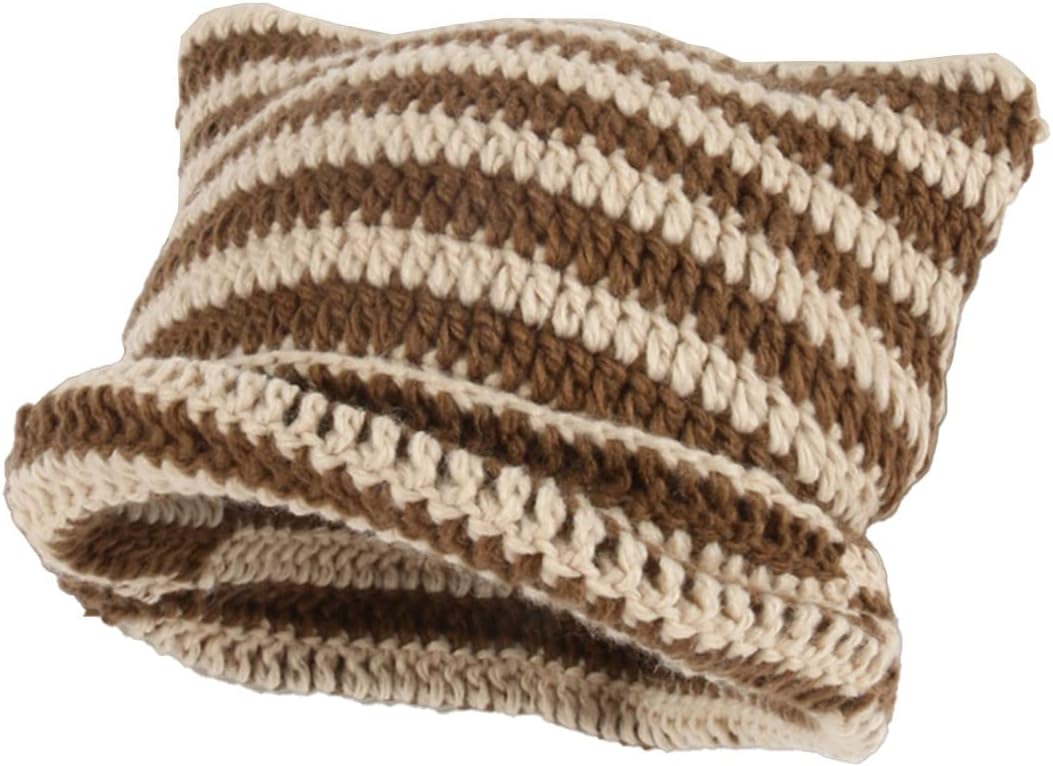 EmiifEmiif Women Vintage Cat Hat Crochet Hats Ladies Striped Hat Cute Cat Ears Casual Warm Hat Y2K Knitted Hat