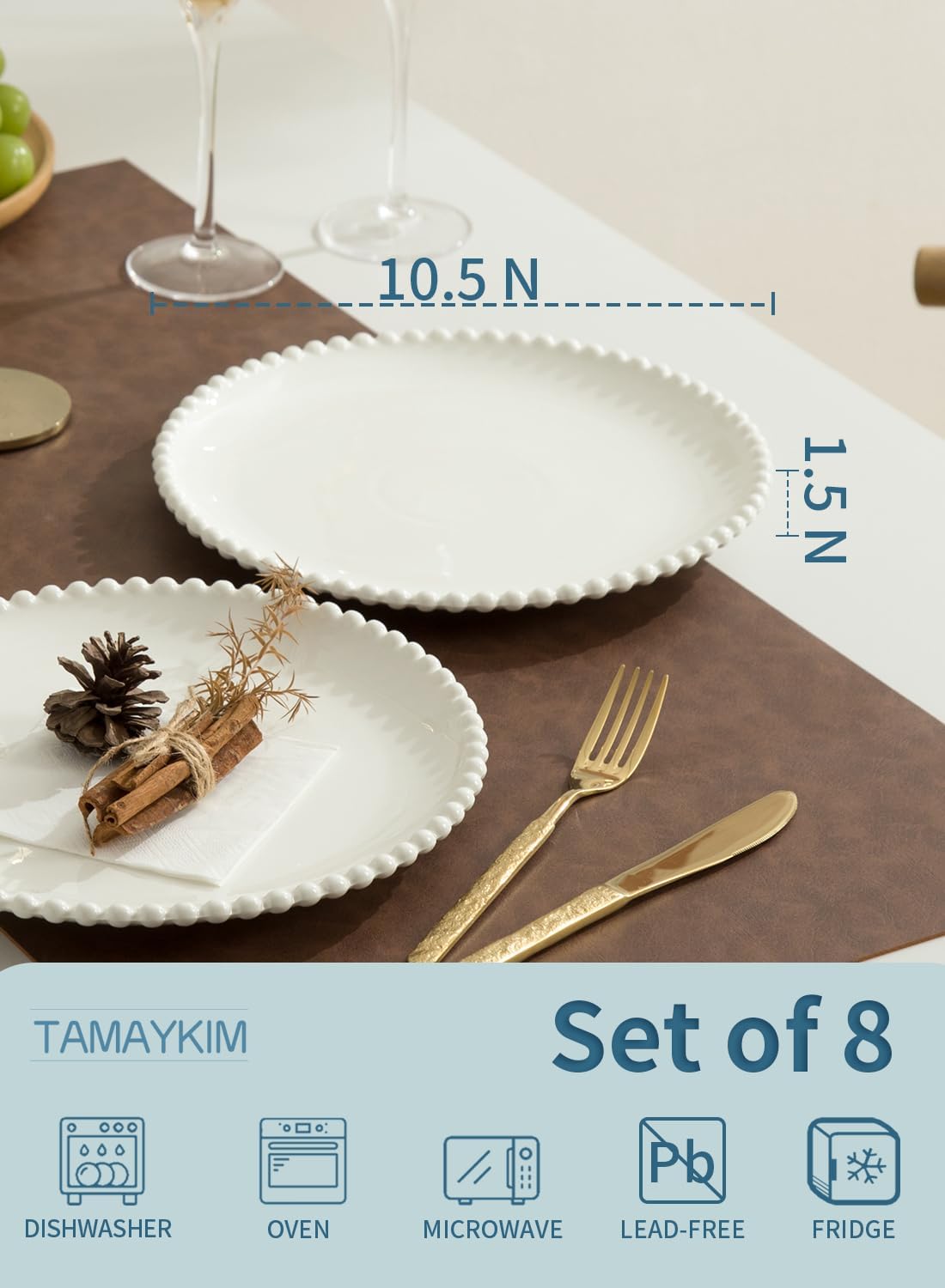 TAMAYKIM 10.5 Inch Porcelain Dinner Plates, Pasta Steak Salad Plates, Round Shape Serving Dinnerware Sets, Scratch Resistant, Microwave, Oven, and Dishwasher Safe, White with Pearl Dots, Set of 8