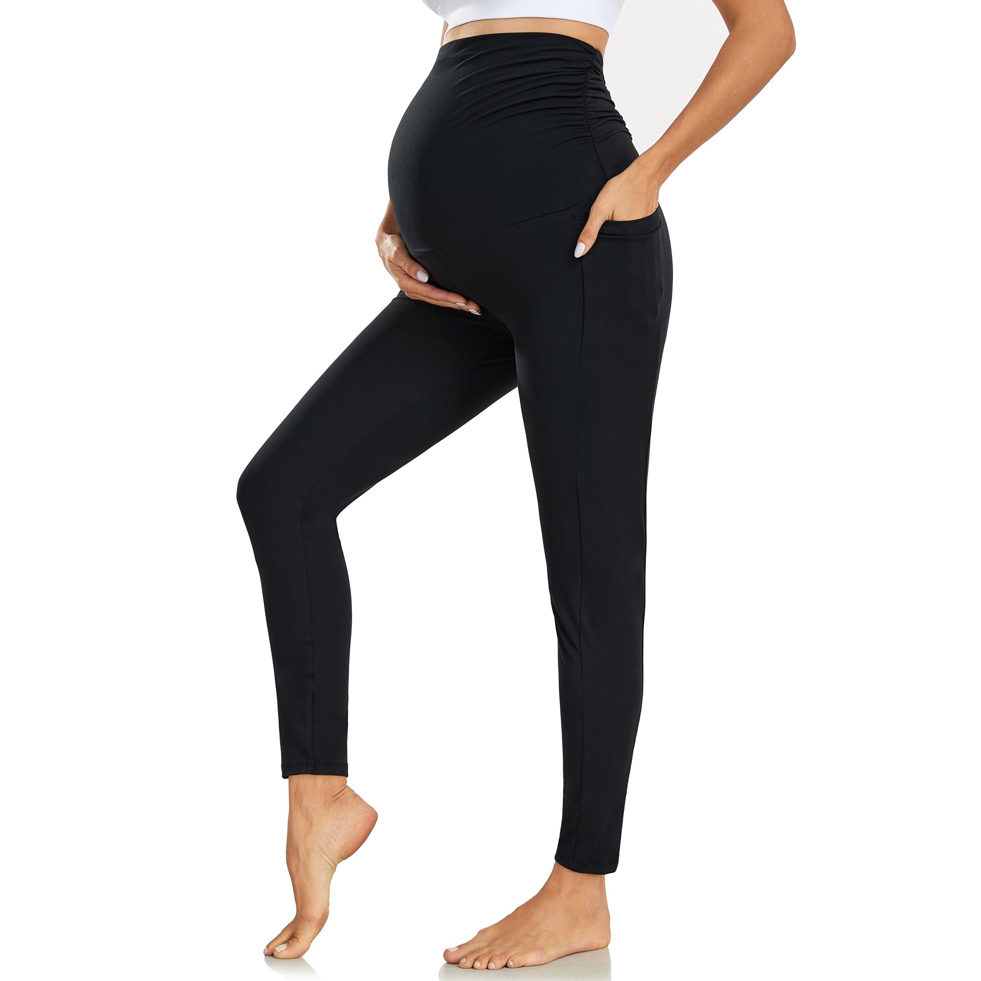 Farrobor Leggins Premaman Donna con Tasche Pantaloni Gravidanza a Vita Alta Morbidi Abbigliamento Premaman
