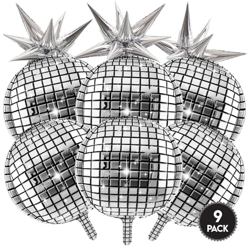 Image of Inflatable Disco Ball Balloons Pack of 9-22 inch Silver Mylar Foil Disco Party Balloons with Star Balloons, Ribbon & Pipe for New Year's Disco Ball Decorations Party, Bachelorette, Birthday Decor