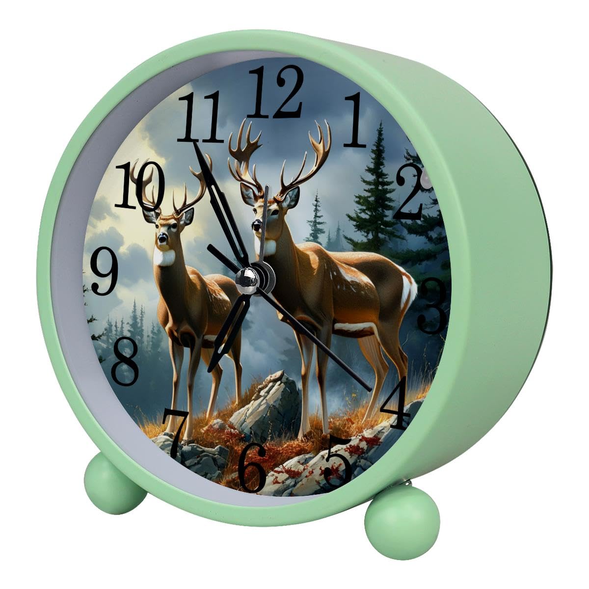 Luoweisi Alarm Clock Forest Deers, Silent Non-Ticking with Night Light, Round Metal Alarm Clock for Office, Battery Operated, Bedroom, Elderly, Adults, Children, Student Gifts