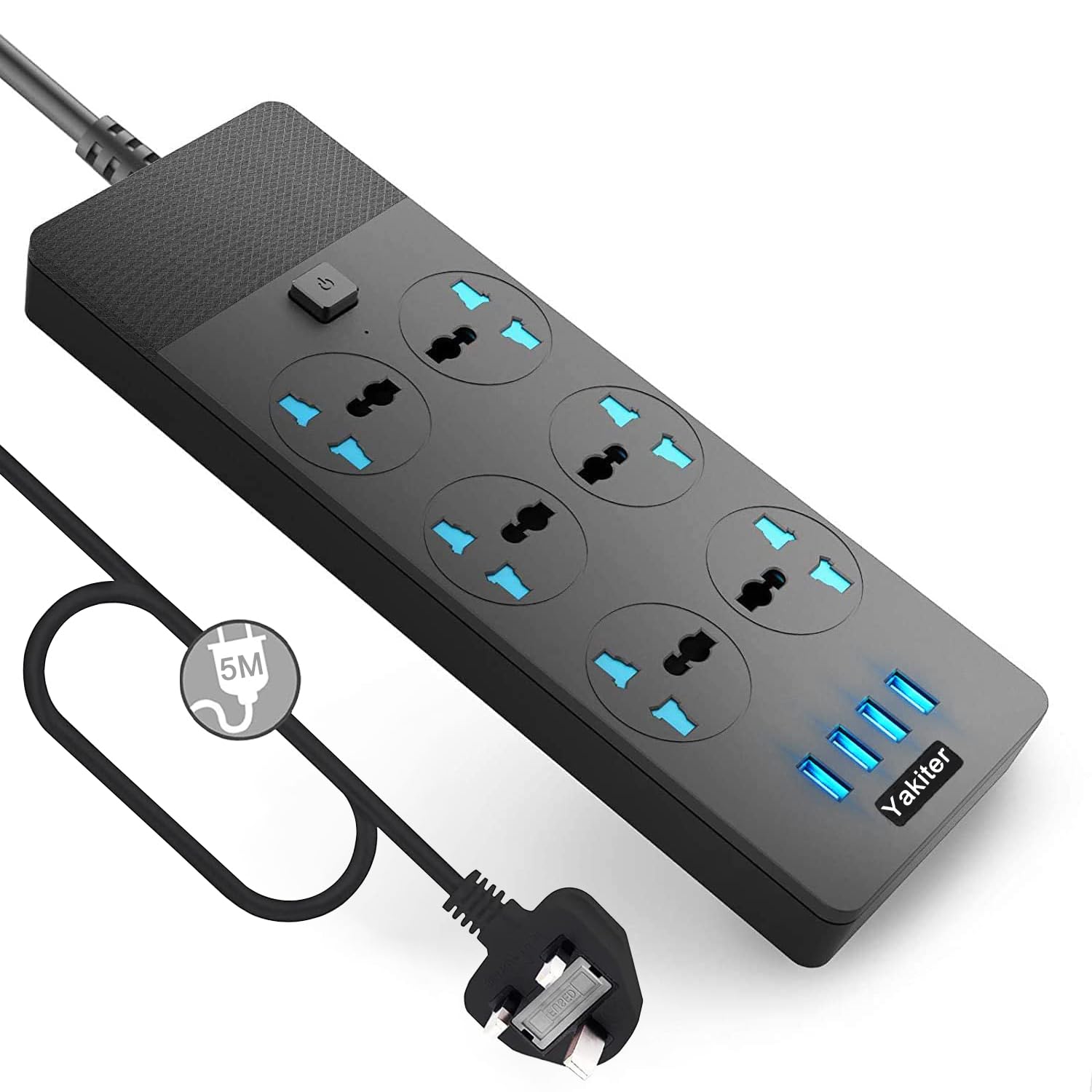 Yakiter Universal Power Strips Extension Lead Outlets, All in one Wall Plug Adapter with 4 (3.1A) USB Hub & 6 Gang Smart Electrical Sockets,Surge Protection Plug Cable Cord for Home Office（5M/16.5FT）