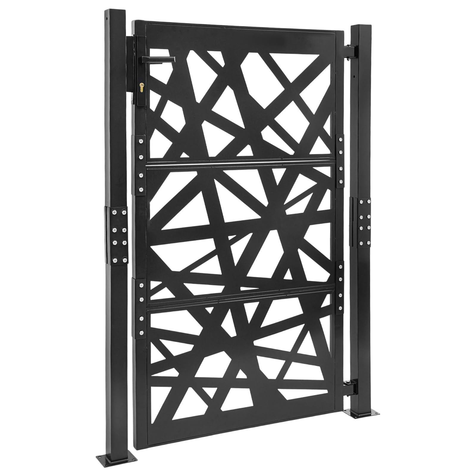 Moderna puerta de jardín de metal, 105 x 150 cm, con cerradura de seguridad, apertura de 180°, para terraza, jardín, almacén en marrón, negro y blanco, para patio y como protección visual
