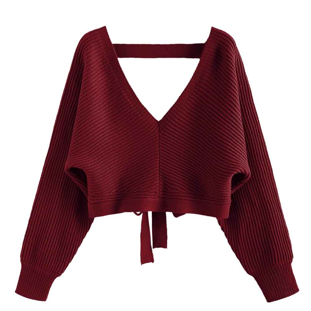 ZAFUL Women's Cropped Sweater Ribbed Knit Pullover Tops Off the Shoulder Sweater, Sexy Y2K Sweater, Long Sleeve Backless Top, V Neck Knit Sweater, Trendy Fall Winter Outfit