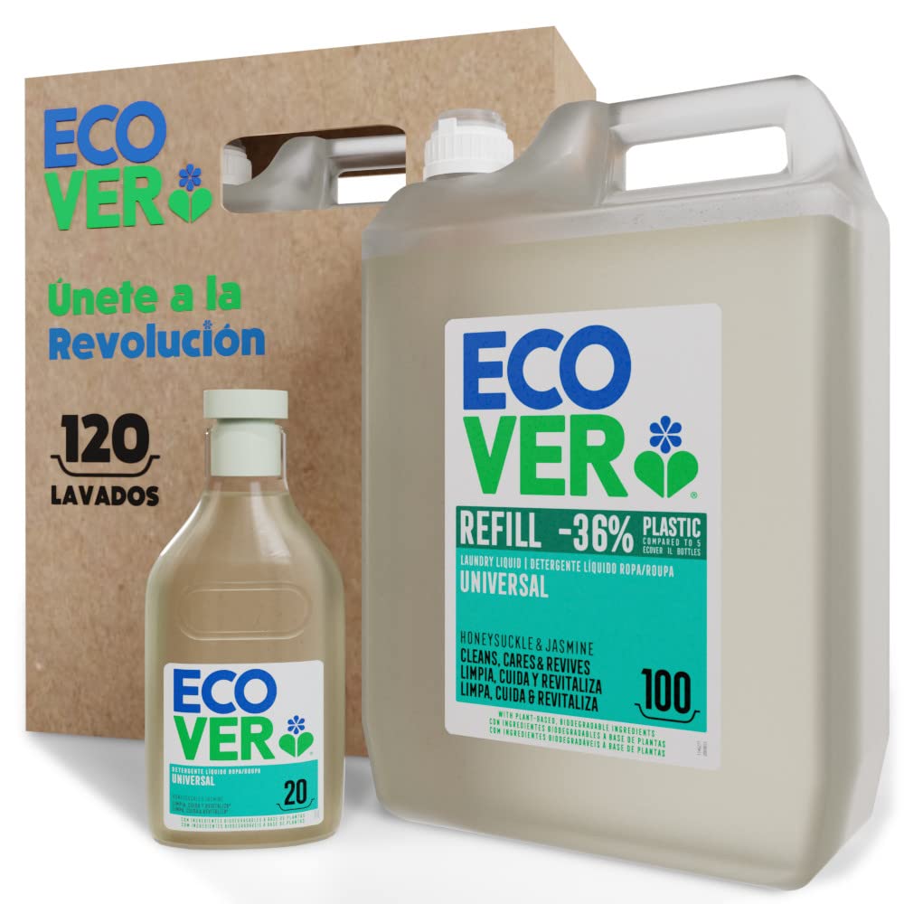 Ecover Pack Detergente líquido para lavadora para ropa blanca y de color, fragancia Honeysucke & Jasmine, Contiene 1 botella de 1L + 1 Refill de 5L, 120 lavados
