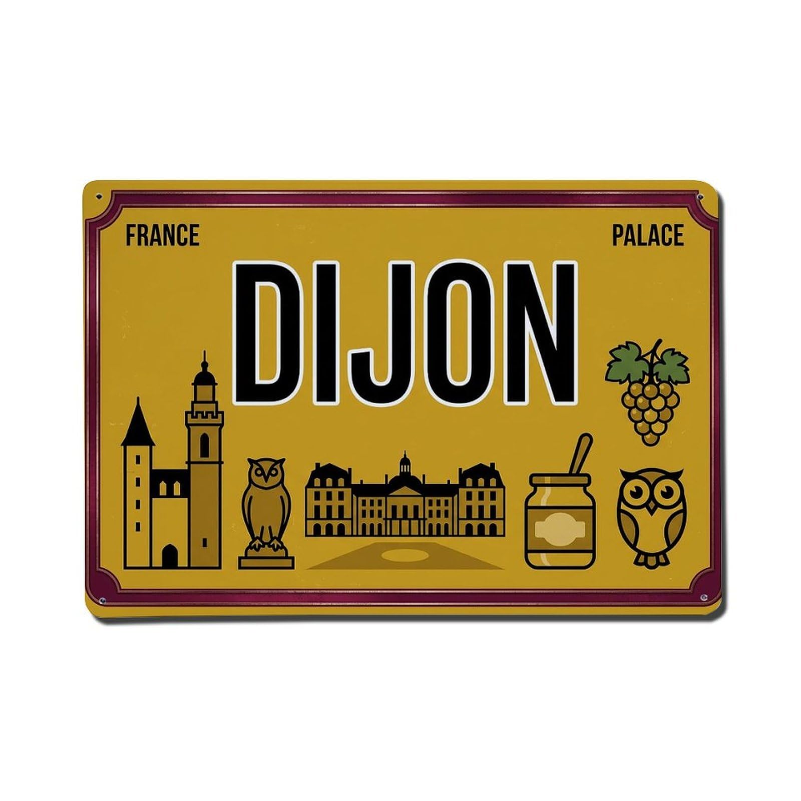 Cwbufd 8X12inch(20X30cm) Vintage Travel Dijon Palace Mustard Owl Metal Tin Sign Plaque Wall Decor For Cafe, Club Bar, Office, Garden Metal Poster 8X12inch