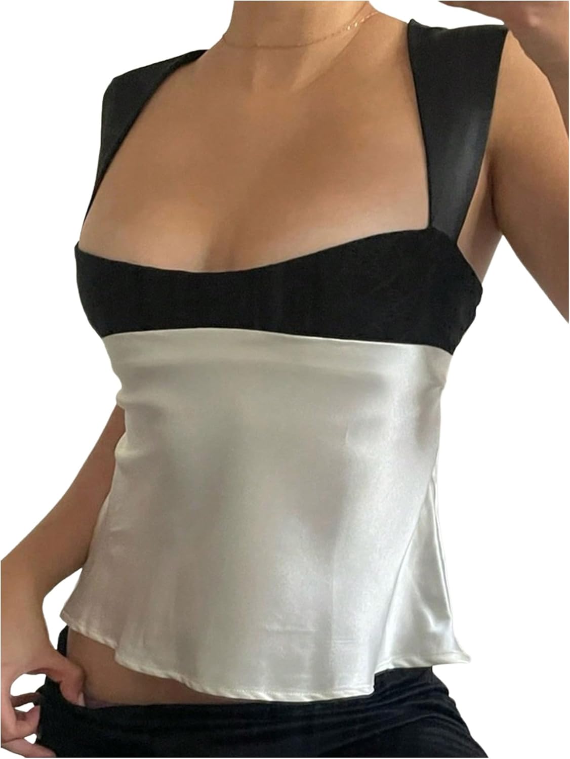 SOLY HUX Women's Satin Tank Top Color Block Scoop Neck Sleeveless Tie Back Summer Tops