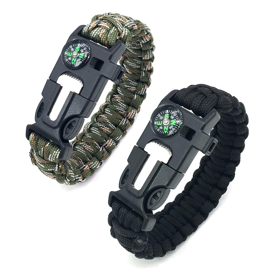 NJCXOLA Paracord brazalete Kit, Supervivencia al aire libre, 2PCS Paracord Bracelets, Kit Pulsera Paracord Supervivencia, Iniciador de fuego, emergencia cuchillo y silbato(Camuflaje+ferroso)