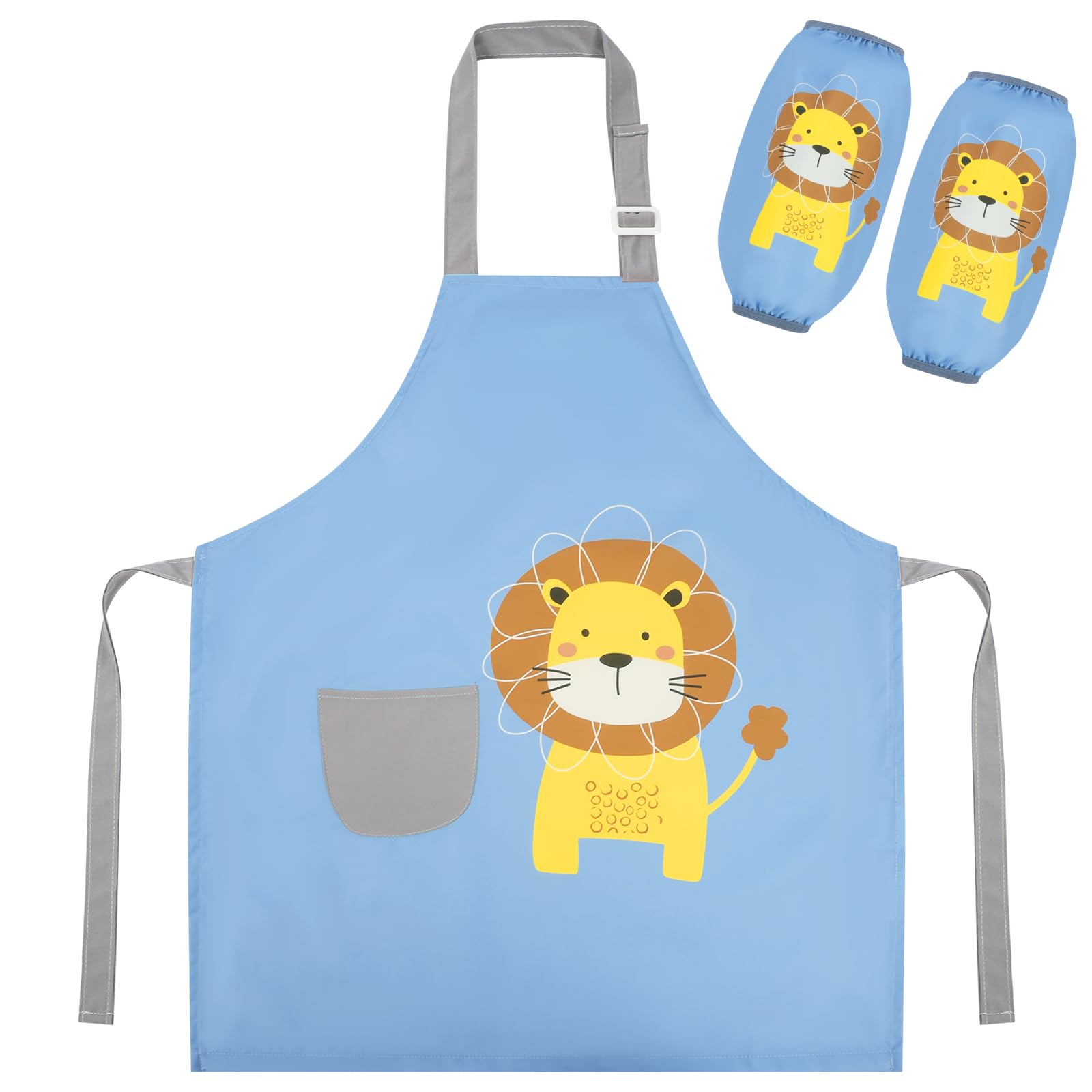 AUAUY Kids Painting Apron Set with Sleeves, Cartoon Waterproof Kids Art Smock with Adjustable Shoulder Strap and Pocket, Washable Painting Craft Cooking Apron for Baking, Height <=110CM (Lion, S)