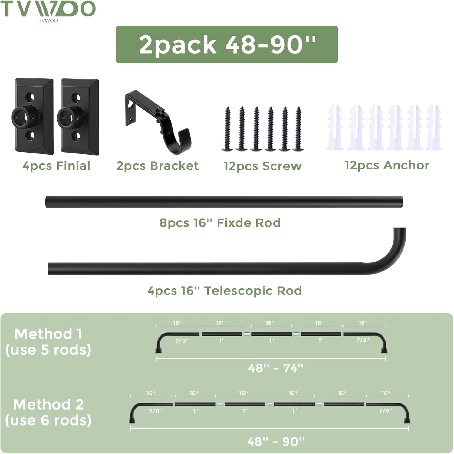 Black Wrap Around Curtain Rods 2Pack:Blackout Adjustable Window Curtain Rod,Room Darkening Heavy Duty Curved French Metal Single Drapery Rods for Bedroom Kitchen Easy Install,Matte Black 48-90"