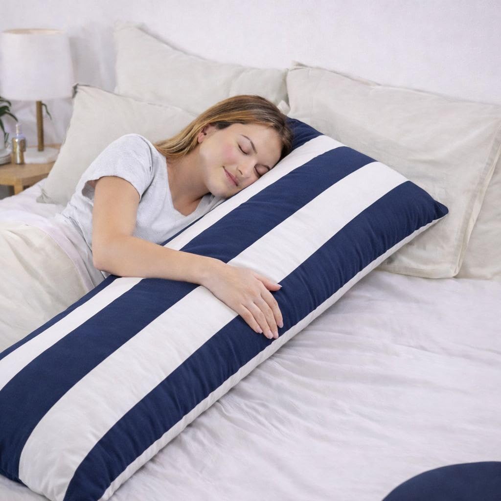 100% Cotton 600 TC Body Pillow Cover – Ultra Soft & Breathable Long Pillowcase | Zipper Closure | 20"x54" | Navy Blue & White Stripe | Ideal for Pregnancy, Side Sleepers & Full Body Support-image-33