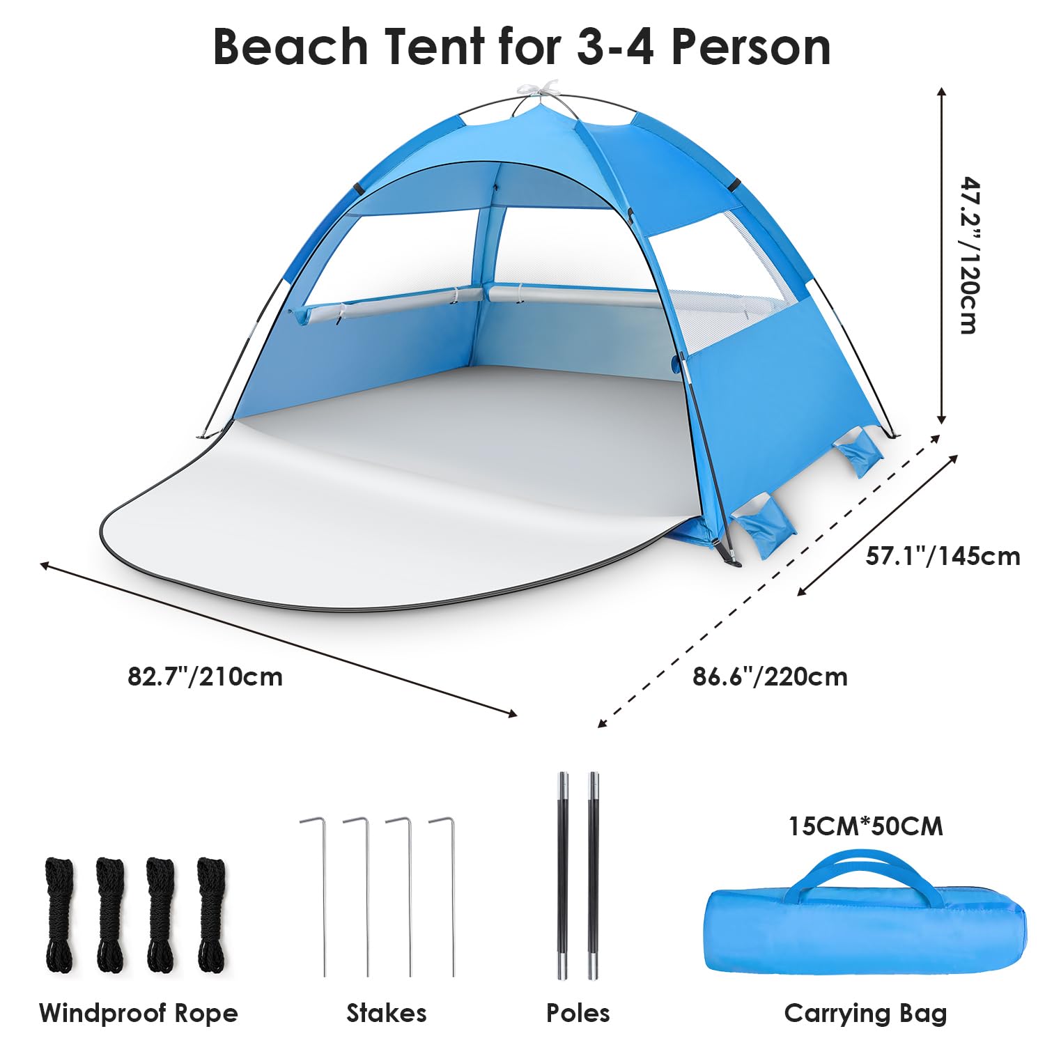 Pop-up namiot plażowy, automatyczny parasol plażowy dla 3-4 osób z ochroną przeciwsłoneczną, lekki i łatwy do przenoszenia przenośny namiot przeciwsłoneczny na wakacje na plaży kemping podróż