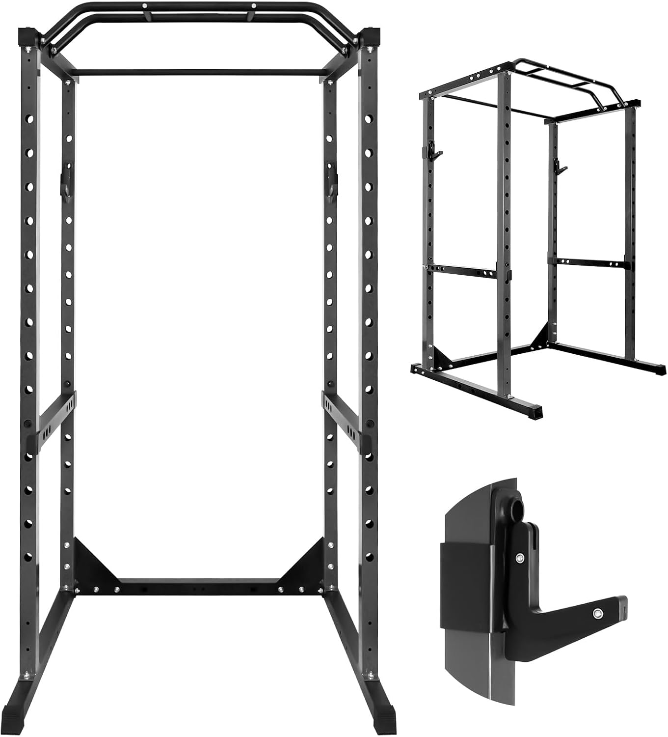 Vohala Multifunctional Squat Rack, Adjustable Power Rack Stand for Home Gym, Strength Training Power Cage with J-Hooks, Safety Spotter Arms, Weights and Bar Storage