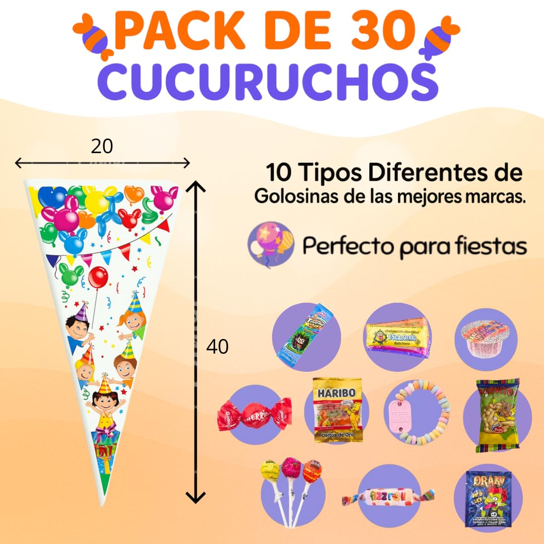 Pack 30 Conos Chuches Cumpleaños | Cucuruchos Chuches Rellenos | Bolsas Gominolas Preparadas para Fiestas Infantiles, Piñatas y Eventos.