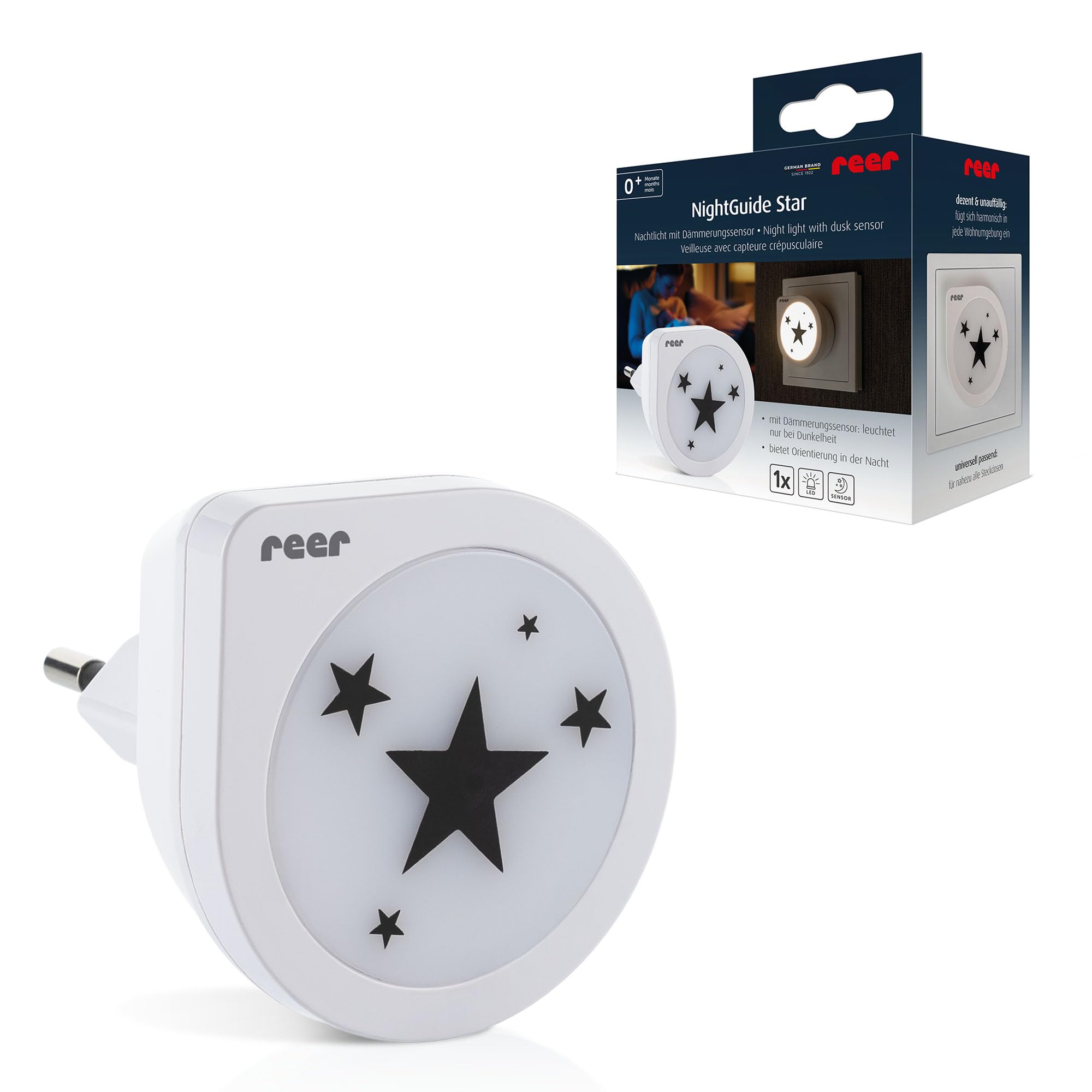 reer NightGuide Star | LED Nachtlicht mit Dämmerungssensor |warmweißes Licht, energiesparend | für Steckdosen | modernes Cozy-Design mit Stern-Motiv