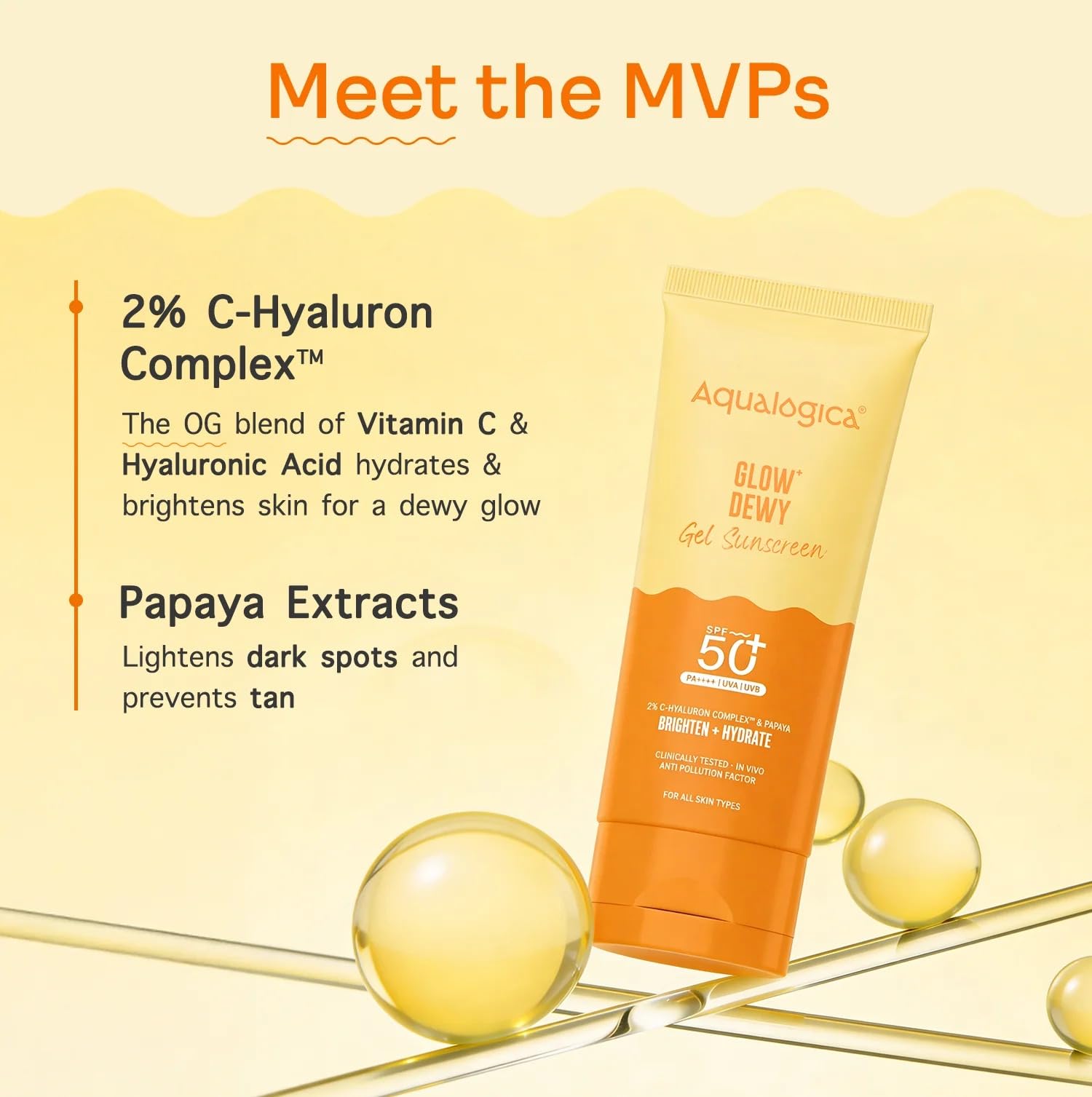 Aqualogica Glow+ Dewy Gel Sunscreen - 80 g x 2 | SPF 50+ PA++++ | In-Vivo Tested | New-age Filters | 12-Hour* Sun Protection | Tan Protection | For Bright & Hydrated Skin | Fragrance-Free & No White Cast | C-Hyaluron Complex™ & Papaya | Broad Spectrum UVA/B & Blue Light Protection | Lightweight | For Men & Women 4