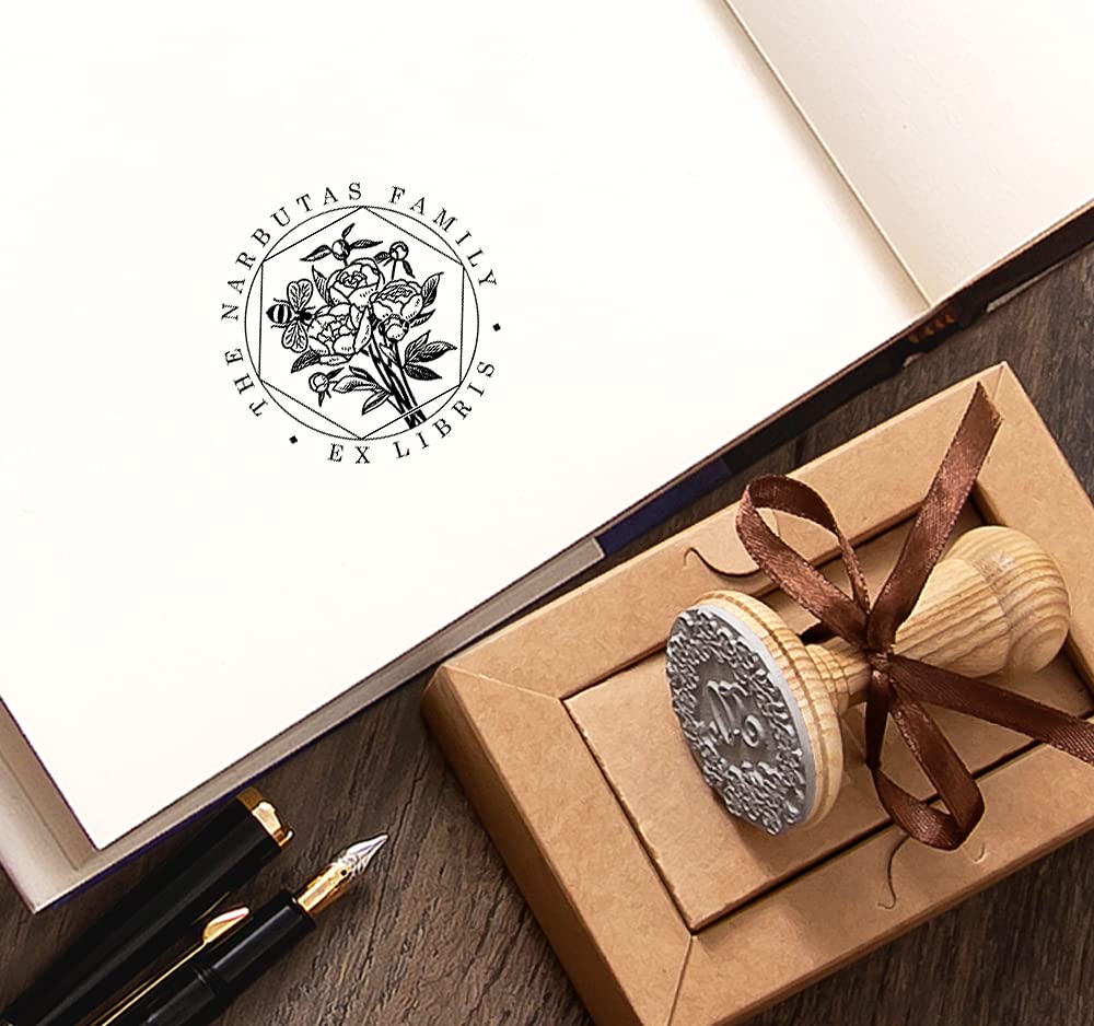 Peonia Ape Ex libris Timbro Personalizzabile, Bouquet Fiori Nido d'Ape Bordo Esagonale Hexagon, Fatto a Mano Legno in Scatole Regalo