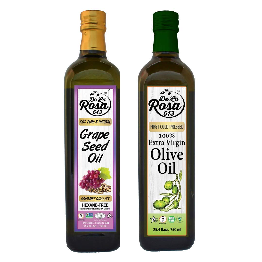 De La Rosa Grape Seed Oil & Extra Virgin Olive Oil, 100% Pure, Raw & Unfiltered, Vegan, Kosher, Non-GMO & Gluten Free, Great for Salad Dressings, Marinades & More 25.4 Oz (Pack of 2)
