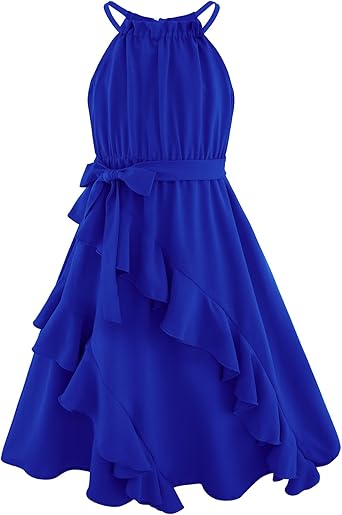 Girls Dresses Tween Halter Tie Back Tiered Ruffle A-Line Flowy Dress Summer Sleeveless Sundress Size 5-14 Years