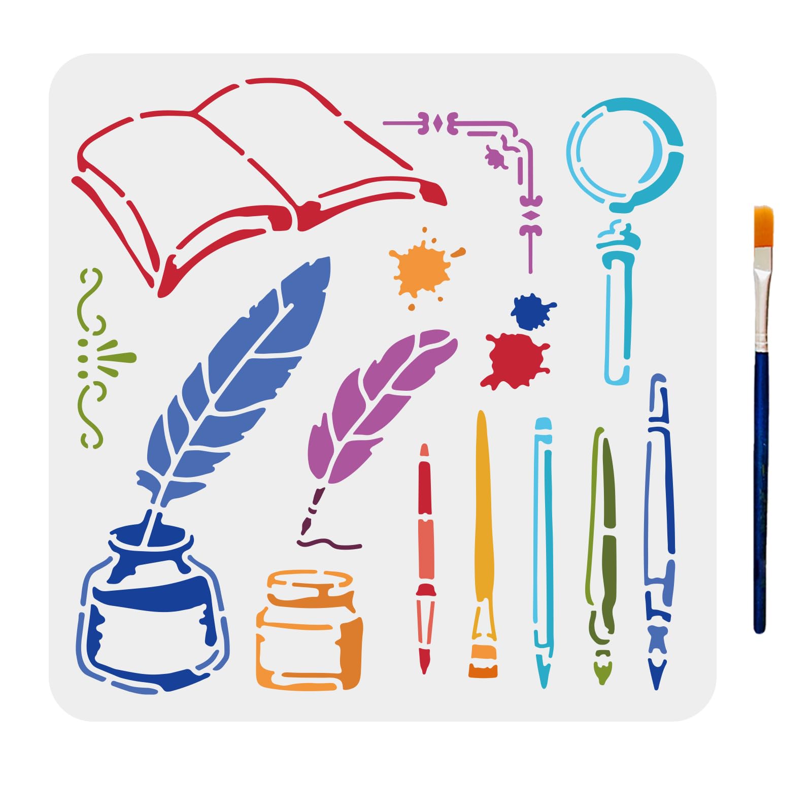 MAYJOYDIY Study Supplies Stencil Book Pen Quill Ink Magnifier Pattern Stencils 30×30cm with Paint Brush Reusable Template for School Library Wall Wood Decor