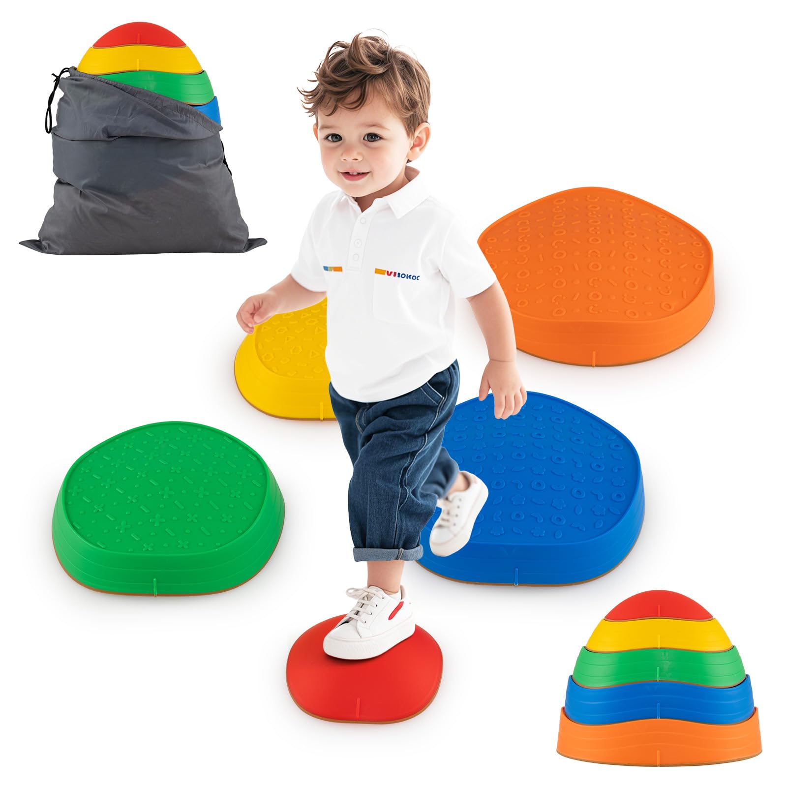 COSTWAY Pietre Equilibrio Bambini, Set di 5 Pietre di Bilanciamento Antiscivolo con Borsa per Trasporto per Abilità Motorie e Giochi di Coordinazione, Giocattoli Sensoriali per 3+ Anni