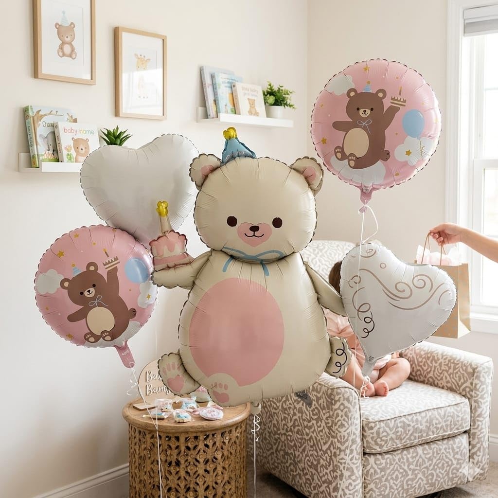 Atpata Funky Teddy Bear Foil Balloon Set for Birthday Decoration | 39 x 26 Inch Bear with 2 Round & 2 Heart Balloons (18 Inch) | Cute Cartoon Theme Party Decor for Kids, Anniversary (Silver)-image-12