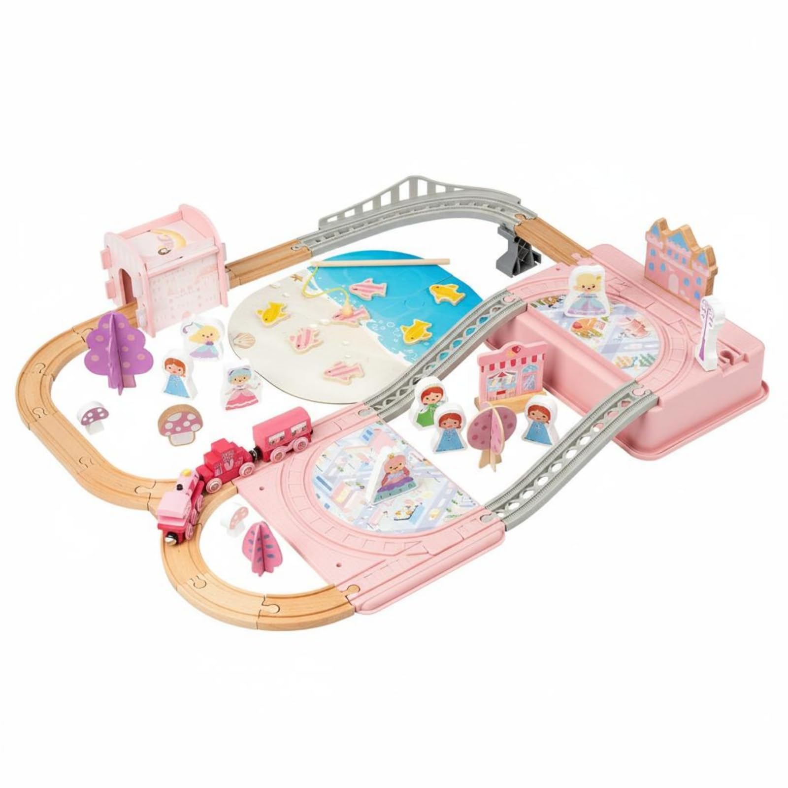 Juguetes de Construcción Infantiles Set de Tren Princesa Pista de Madera Ferrocarril Vagón Accesorios Escenografía con Resistente y Piezas Adecuado