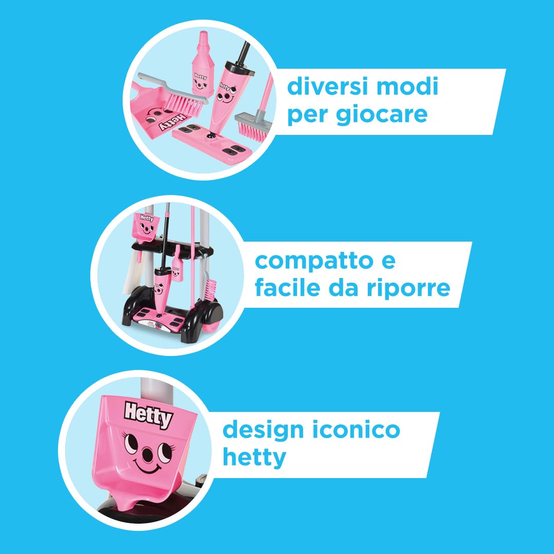 Casdon Giocattoli Henry & Hetty - Carrello per le pulizie Hetty - Set rosa ispirato a Hetty con scopa, spazzole, paletta e accessori - Carrello per le pulizie per bambini - Età: 3+ anni