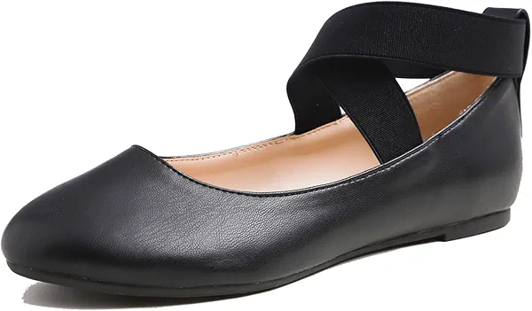 FEVERSOLE Women's Fashion Elastic Ankle Strap Shoes Round Toe Ballet Flat