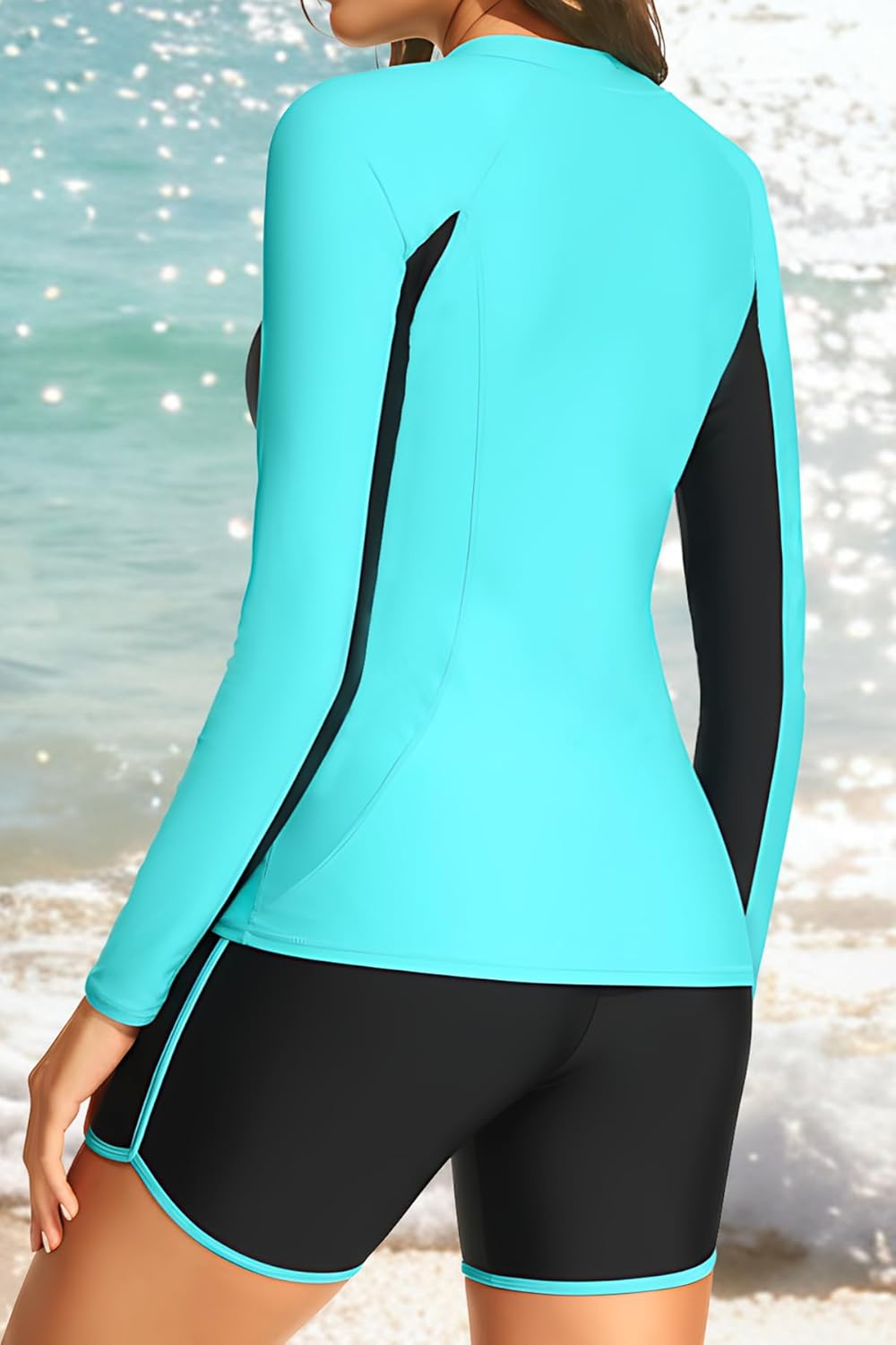 Women 3 Piece Rash Guard - Long Sleeve Swimsuit Built in Bra Swim Shirt Zip Bathing Suit with Pocket Shorts - Image 2
