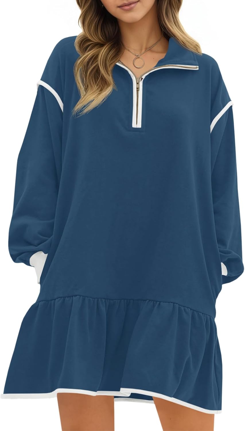 Wenrine Womens 2025 Fall Oversized Sweatshirt Dress Casual Long Sleeve Quarter Zip Ruffle Hem Pullover Mini Dresses