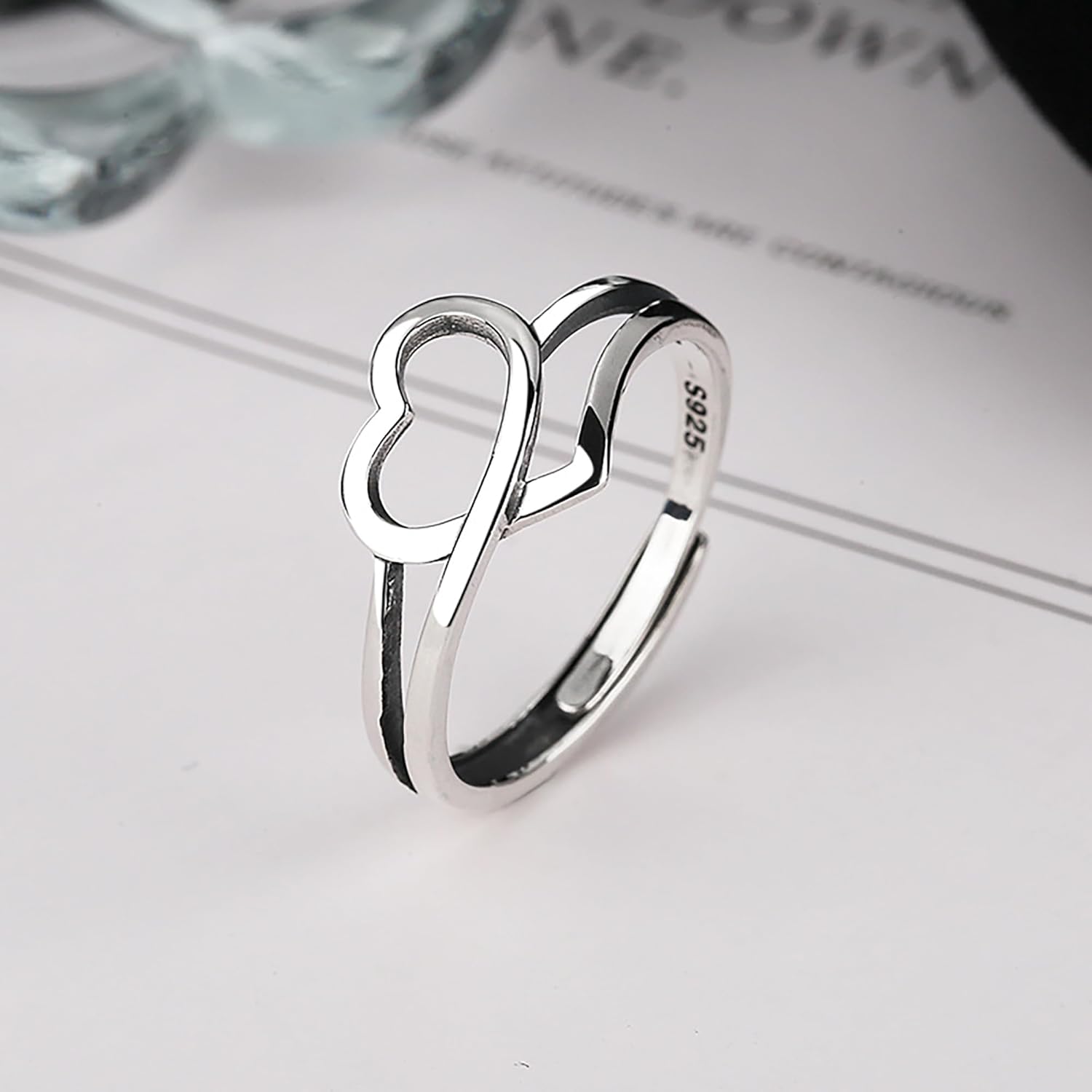 LOVECOM 925 Sterling Silver Love Heart Rings For Women Retro Love Heart Adjustable Finger Stacking Ring Vintage Open Promise Ring for Her Jewelry Birthday Gifts for Mom Daughter Friend