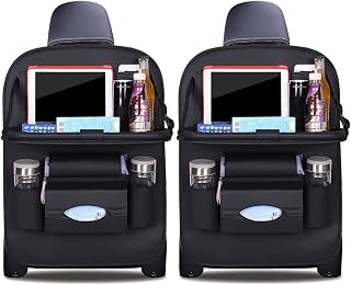 Ergocar Car Back Seat Organiser, Kick Mats, Luxury PU Leather with Flip Tablet Holder, Car Organizers, Car Storage, Multifunctional Back Seat Cover for Long Travel and Family(Black - 2 Pack)