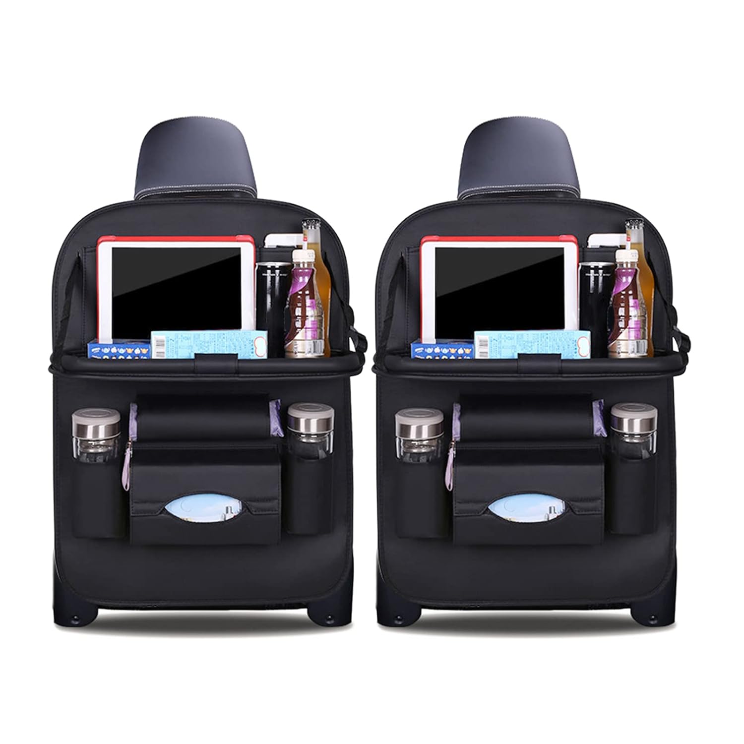 Ergocar Car Back Seat Organiser Kick Mats Luxury PU Leather with Foldable Tablet Holder Car Organisers Car Storage Multi-Function Back Seat Protector for Long Trip and Family (Black - 2 Pack)